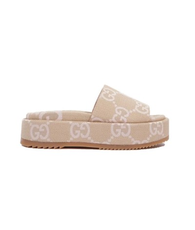 Gucci Jumbo GG Platform Slide Sandal Beige Light Pink Canvas
