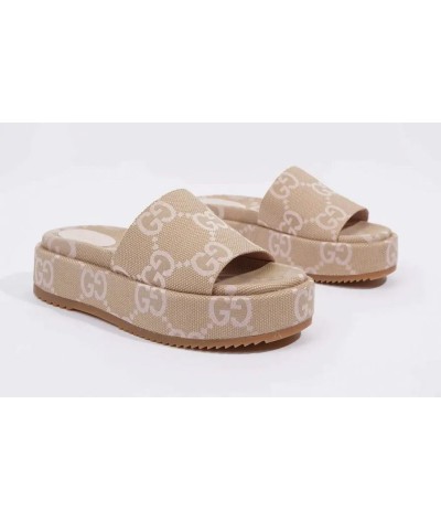 Gucci Jumbo GG Platform Slide Sandal Beige Light Pink Canvas